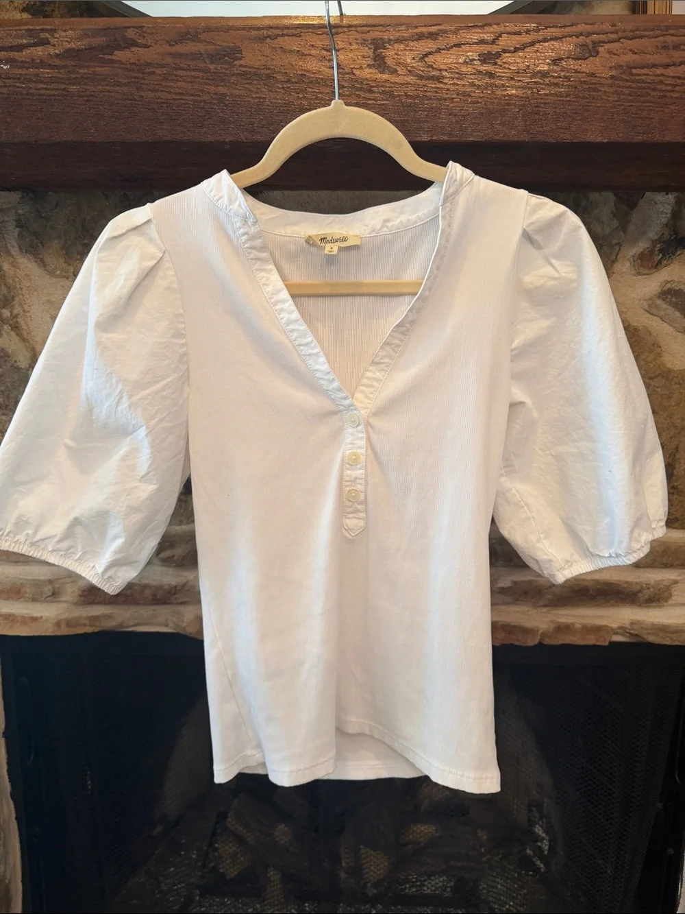 Madewell White V-Neck Puff Sleeve Henley Top